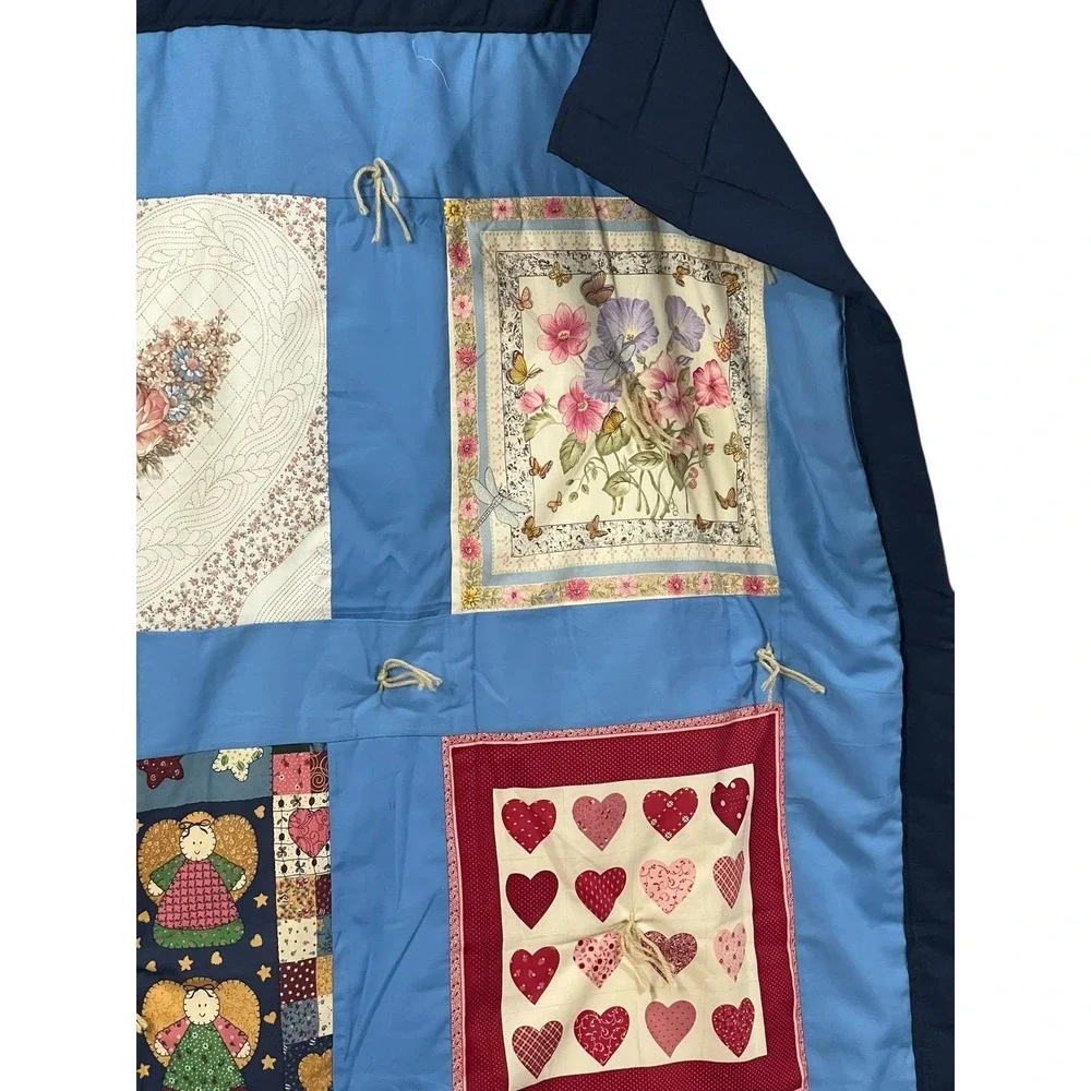 Vintage Patchwork Quilt Twin Blue‎ Hearts Floral Cottage Handmade 62x88